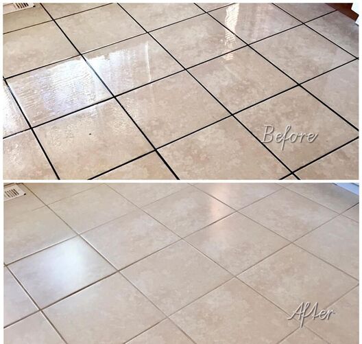 kitchen floor tile cleaned with before and after picture